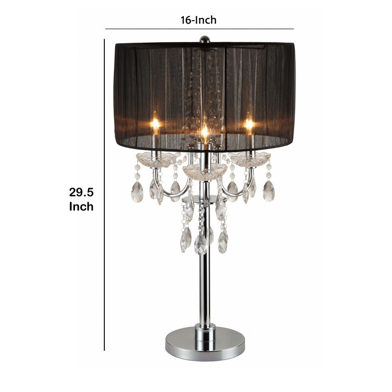 Metal Chandelier Table Lamp with Crystal Accent, Set of 2,Black and Chrome-Benzara