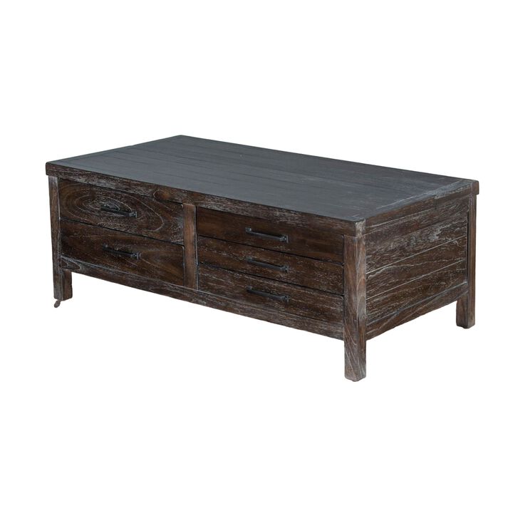 Nikay Coffee Table, 5 Drawers, Dark Brown Mindi, Rectangular 50 Inch - Benzara