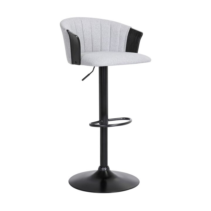 Liz 24-33 Inch Adjustable Height Swivel Barstool Chair, Light Gray Fabric - Benzara
