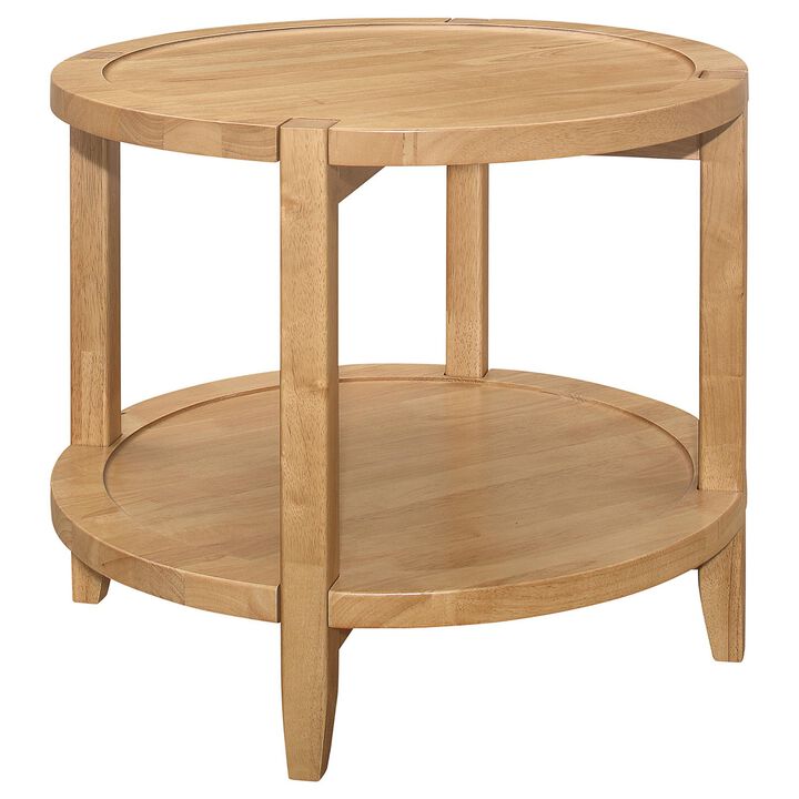 Camilia Side End Table, 23 Inch Round Top, 1 Shelf, Natural Brown - Benzara