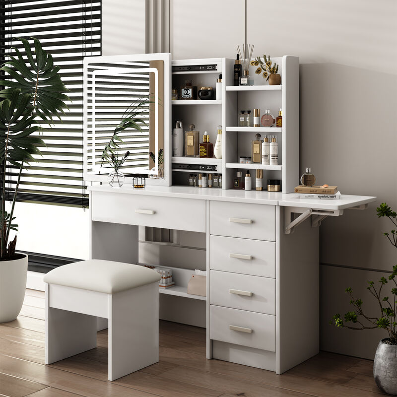 Vanity Desk with Lighted Mirror, Open Shelves & Chair, 5 Drawers, Adjustable LED Lights