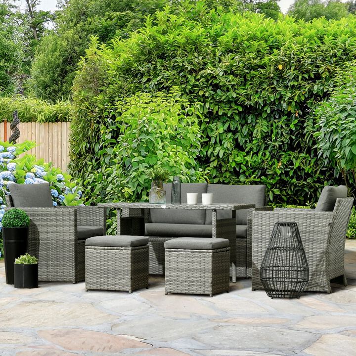 Mixed Gray Patio Set: 6-Piece PE Rattan Dining Set with Loveseat