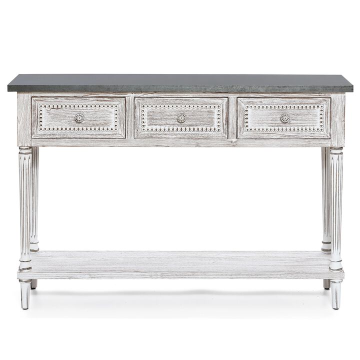 LuxenHome Distressed White Wood and Metal 3-Drawer 1-Shelf Console and Entry Table