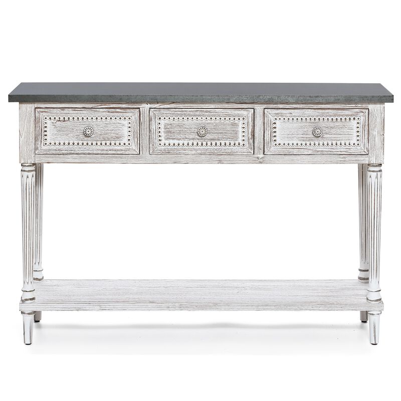LuxenHome Distressed White Wood and Metal 3-Drawer 1-Shelf Console and Entry Table