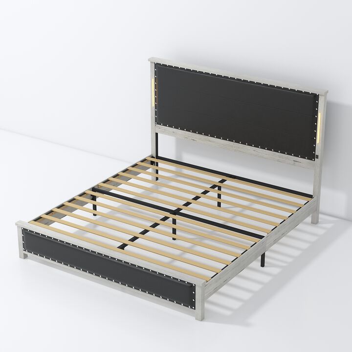Size Bed Frame with Upholstered Headboard, Bed Frame with Charging Station and LED Lights, Wood Slats, Dark Gray Faux Leather & Rivets, No Box Spring Needed, Easy Assembly