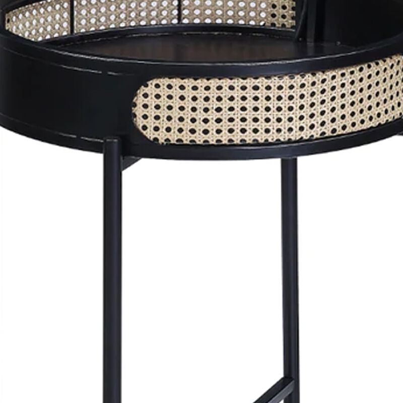 Bert 24 Inch Round End Table, Rattan Apron Accent, Metal Legs, Black-Benzara