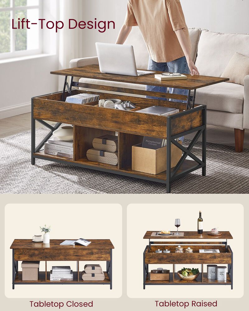 Modern Lift Top Coffee Table - Hidden & Open Compartments with X-Shaped Steel Frame