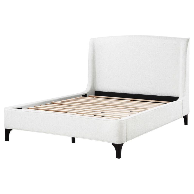 Benjara Mabe King Size Bed, Wingback Curved Headboard, White Fabric Upholstery