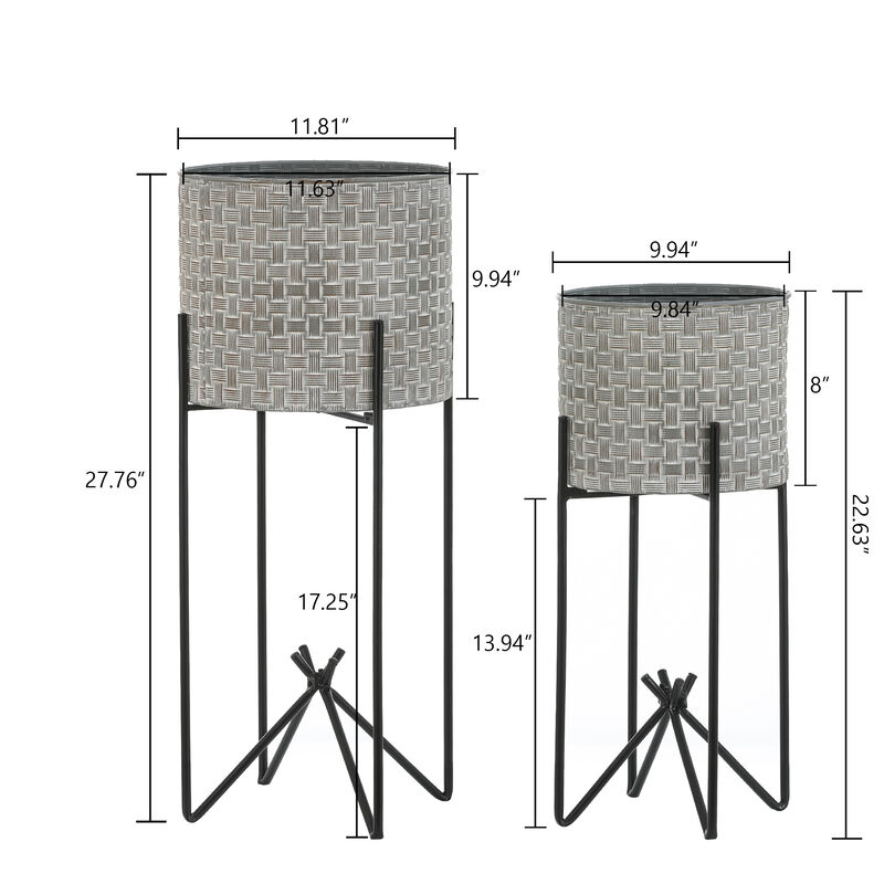 LuxenHome Set of 2 Gray and Black Metal Cachepot Planters with Stands