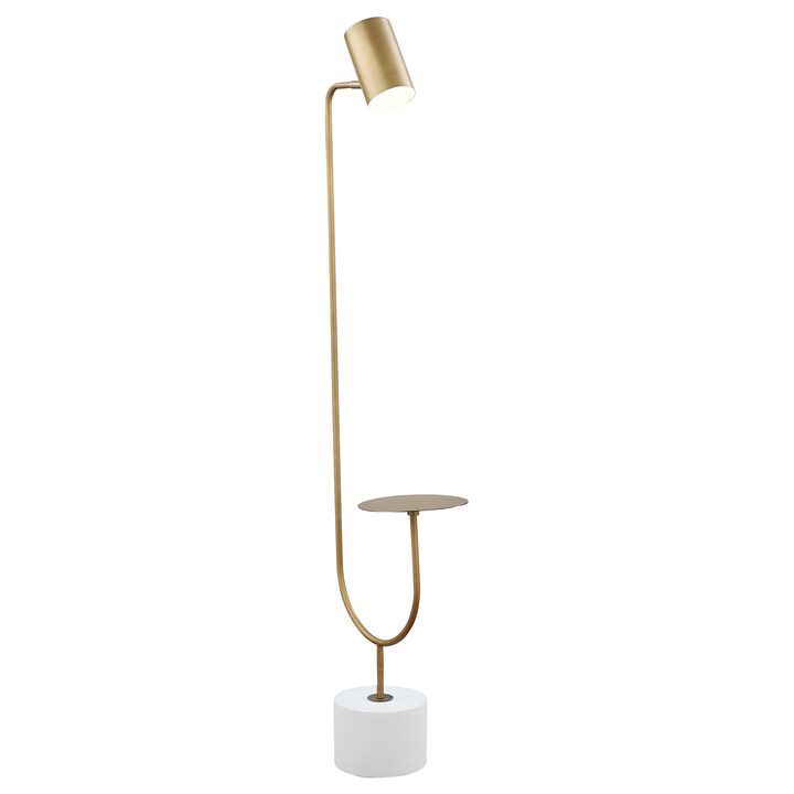 Ely Floor Lamp, White Round Base, Round Tabletop, Gold Metal Finish, Gray - Benzara
