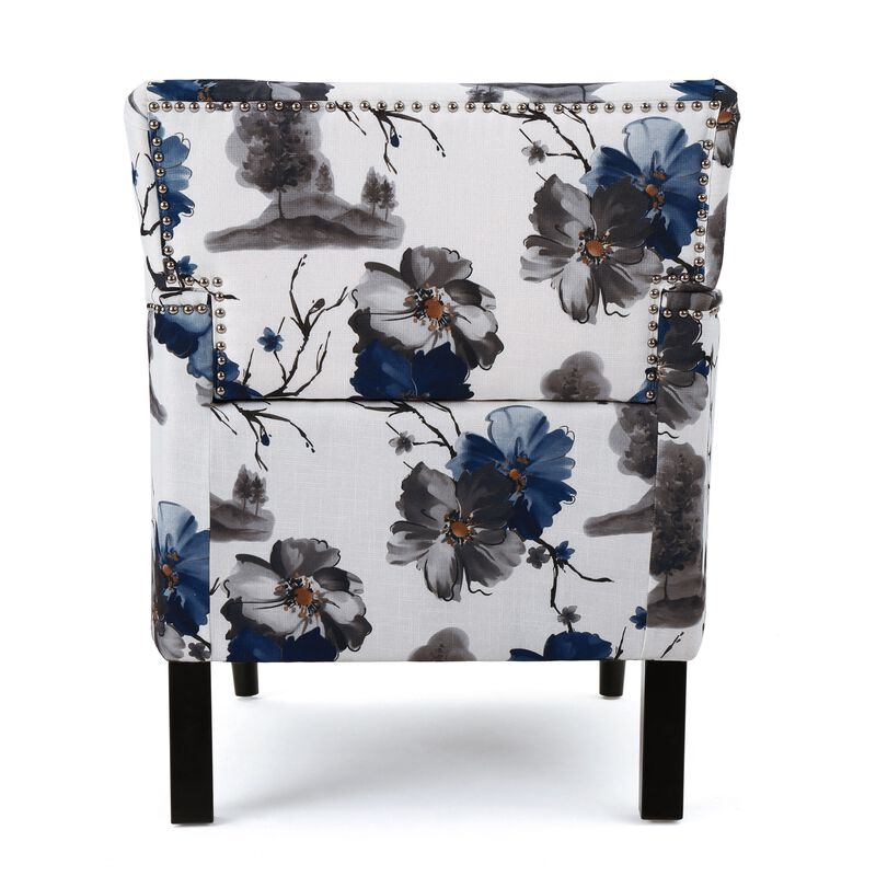 Lit Accent Chair, Button Tufted Floral White Blue Print, Multicolor - Benzara