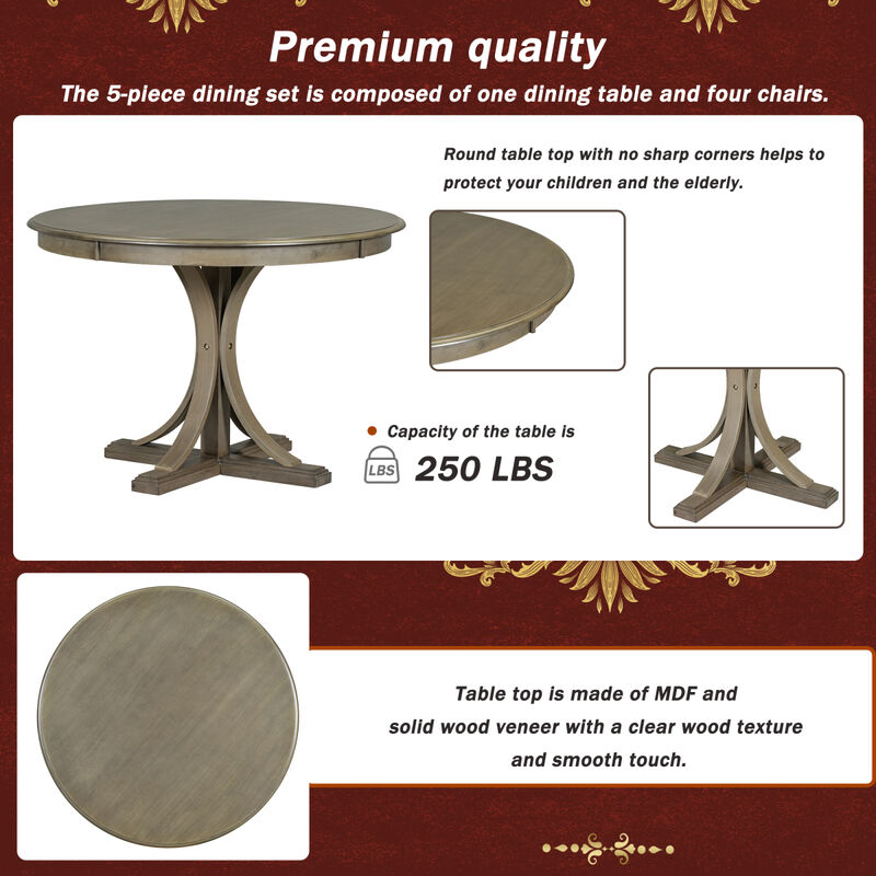 5-Piece Retro Round Dining Table Set With Curved Trestle Style Table Legs And 4