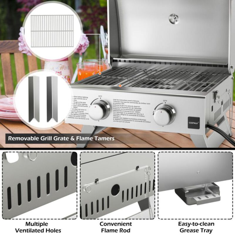Costway Stainless Steel Propane Grill with Lid for Outdoor Camping Tailgating Picnic Party-Silver