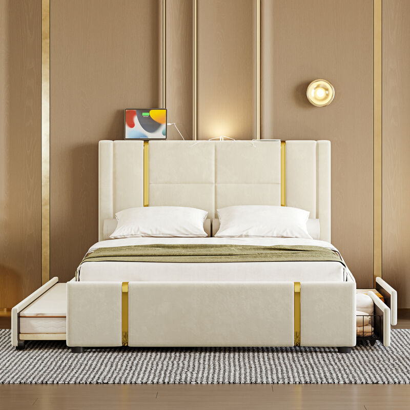 Merax PU Upholstered Platform Bed with Trundle