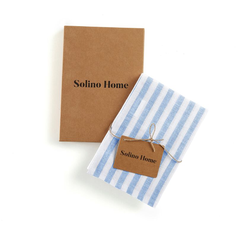 Solino Home 100% Pure Linen Kitchen Towels Set of 2 - 17 x 26 Inch | Amalfi Stripe