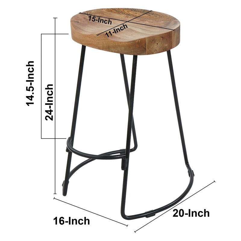 24 Inch Handcrafted Backless Barstool, Natural Brown Mango Wood Thick Saddle Seat, Black Iron Base - Benzara