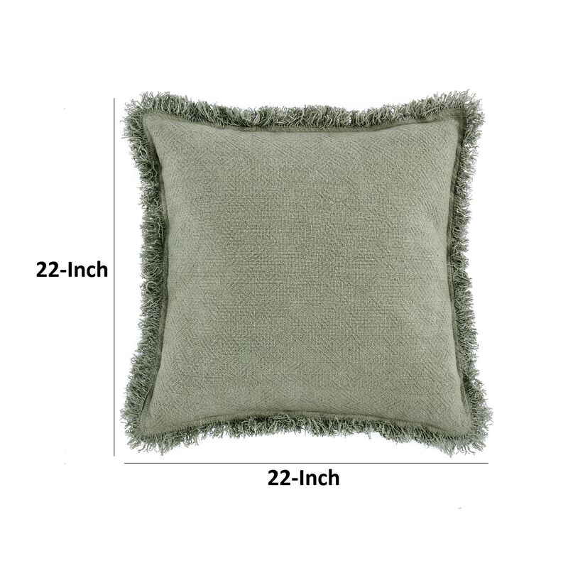 Throw Pillow, Flanged Edges, 22 Inch Cedar Green Cotton Linen Blend - Benzara