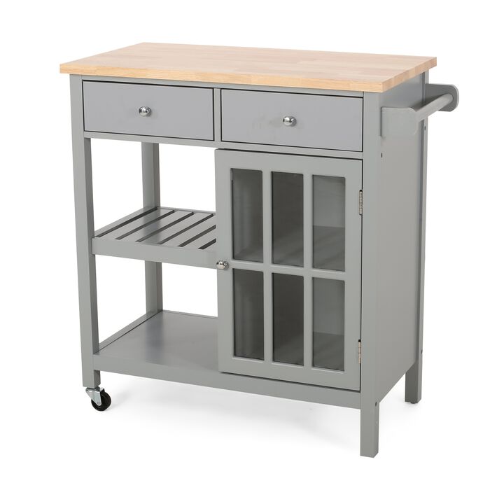 Rolling Kitchen Island Bar Cart, 1 Glass Door, Gray n Natural Brown - Benzara