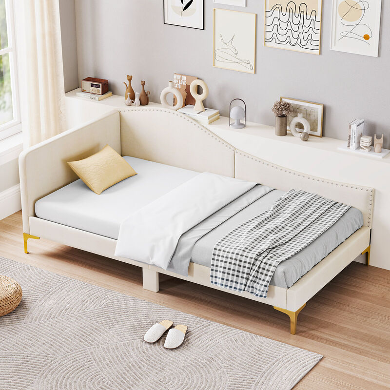 Upholstered Daybed with Metal Legs and Wood Slats for Stylish and Durable Seating or Sleeping Solution