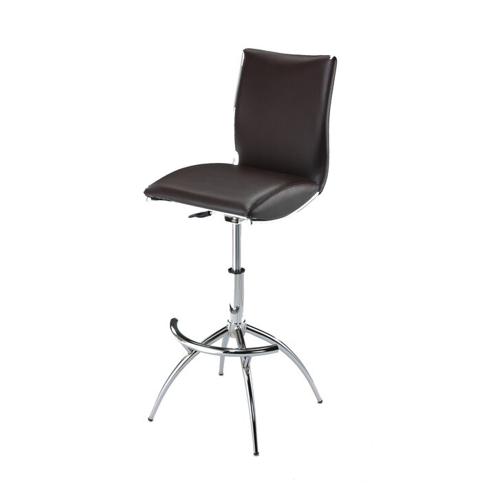 Deko 26-31 Inch Adjustable Height Barstool Chair, Set of 2, Chrome Brown Faux Leather - Benzara