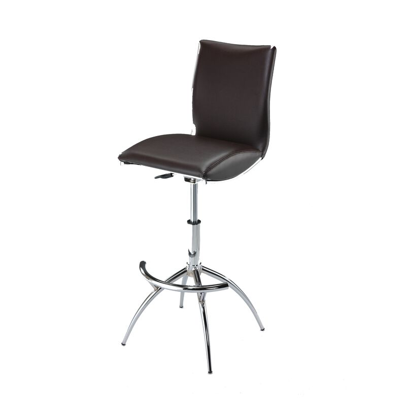 Deko 26-31 Inch Adjustable Height Barstool Chair, Set of 2, Chrome Brown Faux Leather - Benzara