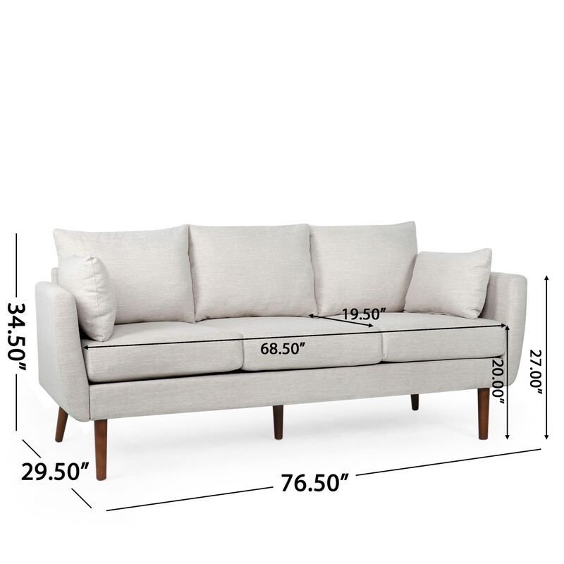 Nate Sofa with 2 Accent Pillows, 77 Inch Birch Wood, Beige Fabric - Benzara