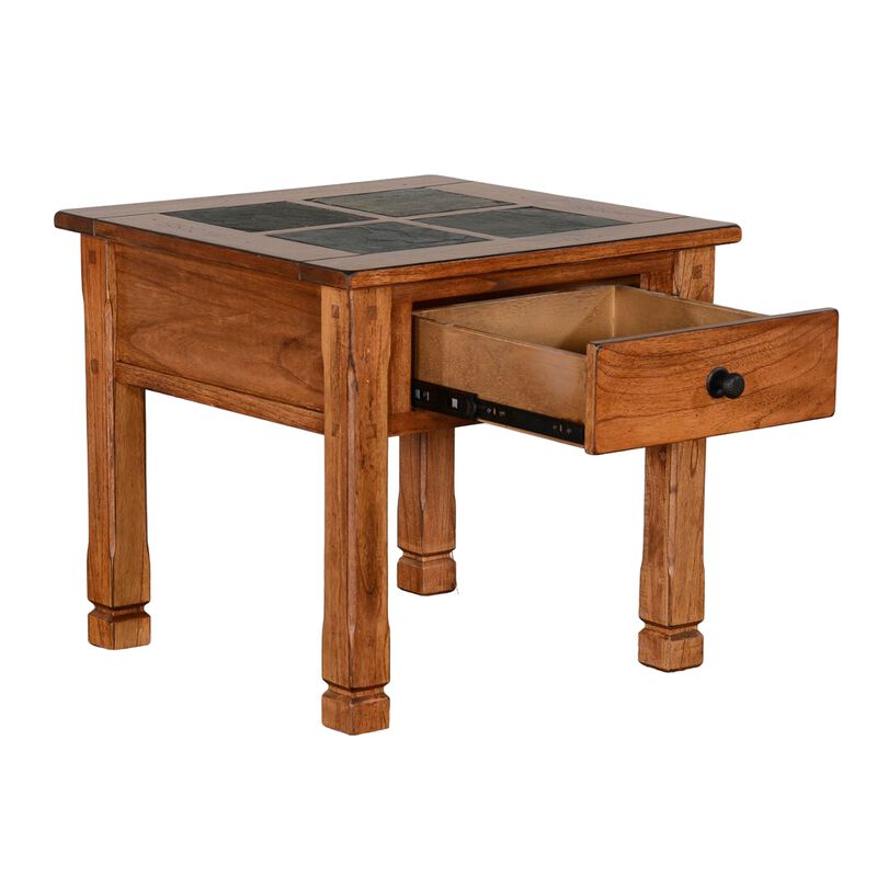 Marv Side End Table w Drawer, 26 Inch Square Slate Inlay Top, Brown - Benzara