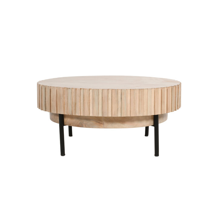 36 Inch Modern Handcrafted Round Coffee Table, Oak White Wood Top with Grooved Edges, Black Iron Legs-Benzara