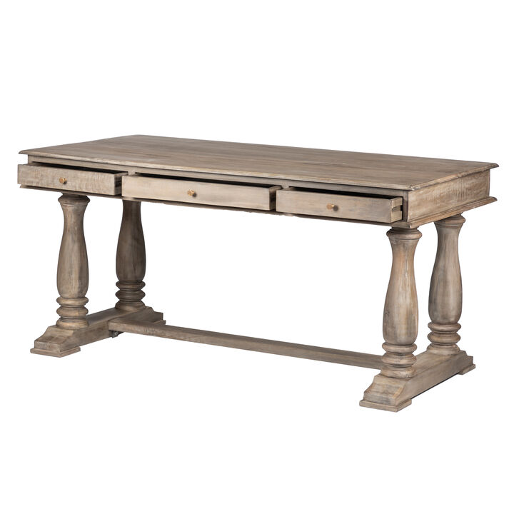 Aurice Writing Desk with Classic Turned Legs 59 Inch, Farmhouse Antique Graywash Mango Wood