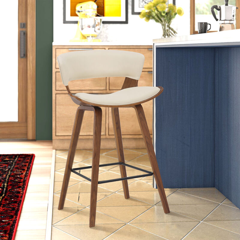 27 Inches Saddle Seat Leatherette Counter Stool, Cream and Brown - Benzara