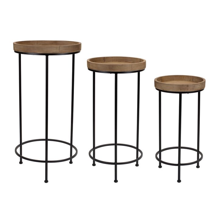 Round Wood And Metal Plant Stand Table (Set of 3)