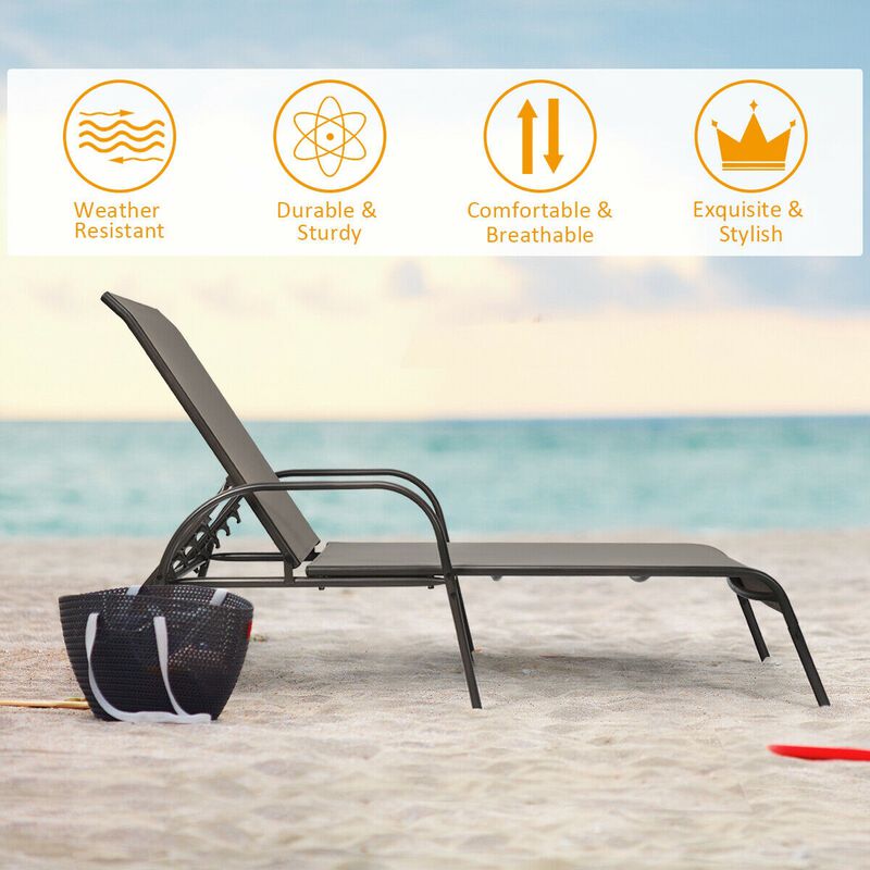 2 Pcs Outdoor Patio Lounge Chair Chaise Fabric with Adjustable Reclining Armrest