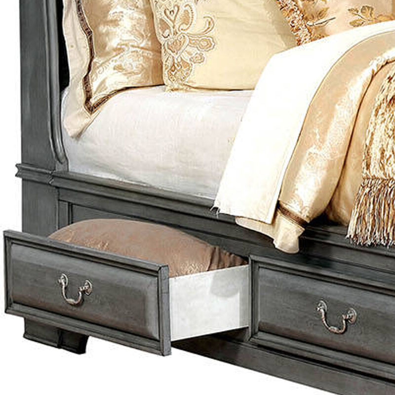 Transitional California King Wooden Bed with Multiple Bottom Drawers, Gray-Benzara