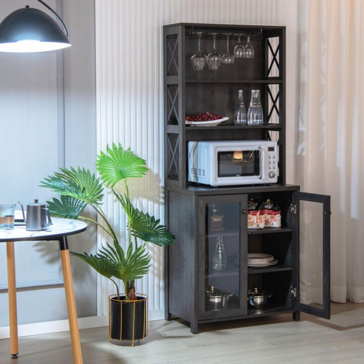 Hivvago Tall Freestanding Bar Cabinet Buffet with Glass Holder and Adjustable Shelf-Gray