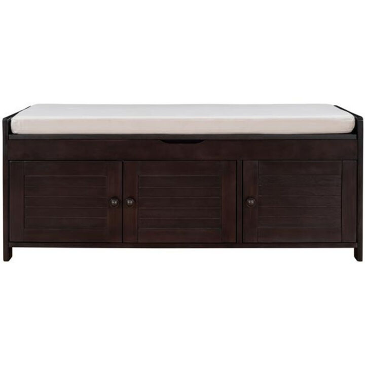 Storage Bench with 3 Shutter Doors and Removable Cushion for Entryway