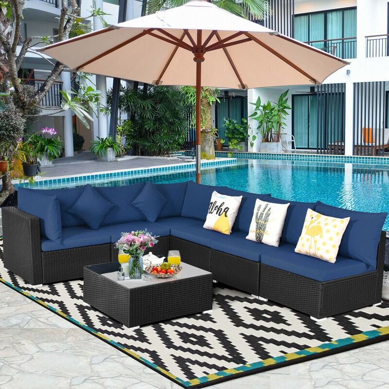 7 Pieces Sectional Wicker Furniture Sofa Set with Tempered Glass Top-Navy