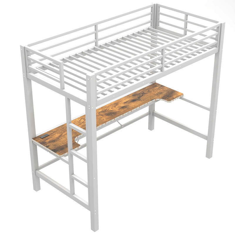 Merax Gaming Metal Loft Bed Frame with LED Light and Desk