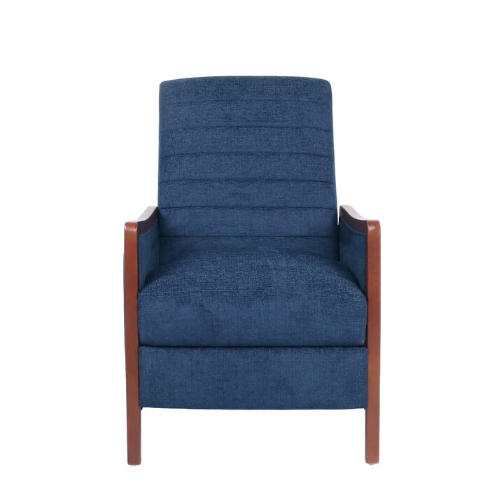 Ryka Pushback Manual Recliner Chair, Birch Wood, Channel Stitch Blue - Benzara