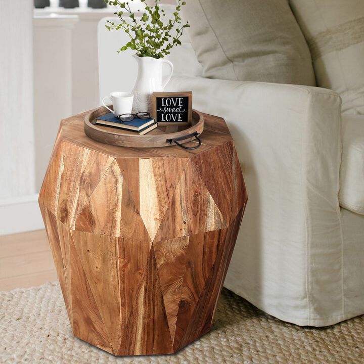 Bon 22 Inch Artisanal End Side Table, Multifaceted Solid Acacia Wood, Octagon Top, Natural Brown-Benzara