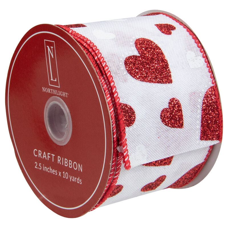 White and Red Glitter Hearts Valentine's Day Wired Craft Ribbon 2.5" x 10 Yards