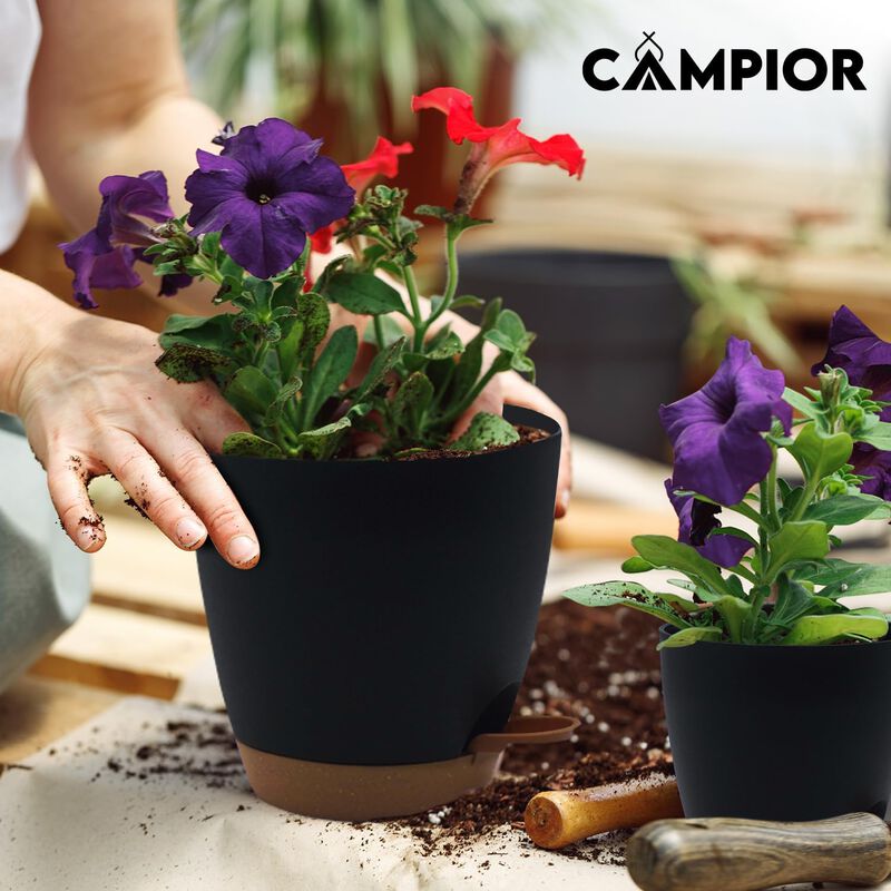 Campior Self-Watering Planters - 5 Size Indoor and Outdoor Plant Pots with Drainage Holes and Wick Rope, Plastic Pot for Succulents, Flowers, and Plants, (7”,6.5”,6”,5.5”,5” Inches), Pack of 20, Black