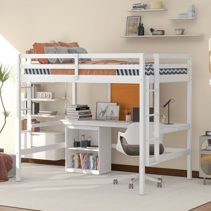 Full Size Loft Bed With Desk And Writing Board, Wooden Loft Bed With Desk & 2 Drawers Cabinet
