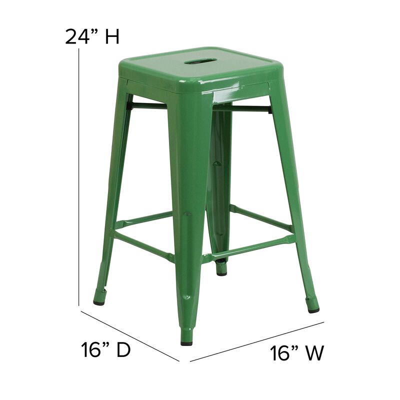 Flash Furniture Kai Commercial Grade 24" High Backless Green Metal Indoor-Outdoor Counter Height Stool with Square Seat