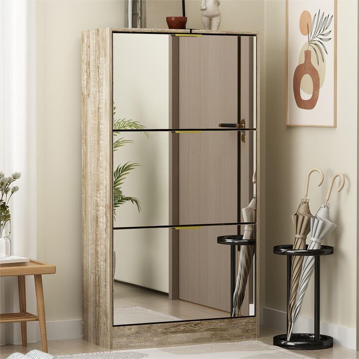 Modern Shoe Storage Cabinet with 3 Drawers & Mirror, Wood 3-Tier Shoe Rack Organizer for Entryway, Bedroom & Hallway (22.4”W x 9.6”D x 42.1”H)