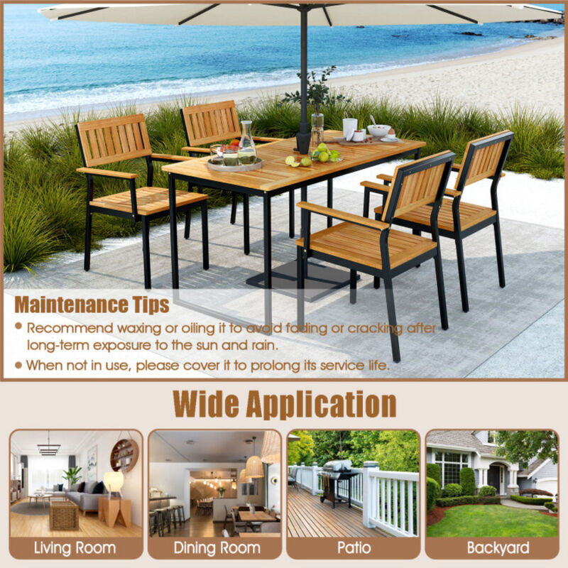 Patio Outdoor Dining Chair Set of 2 with Metal and Acacia Wood Frame