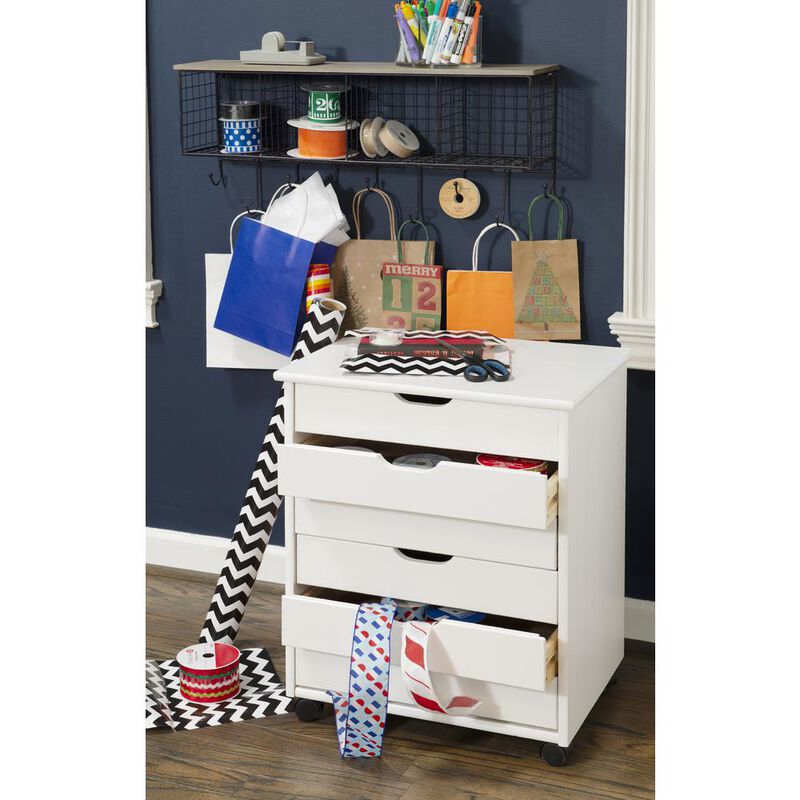 Linon Cary Six Drawer Wide Roll Cart, White Wash