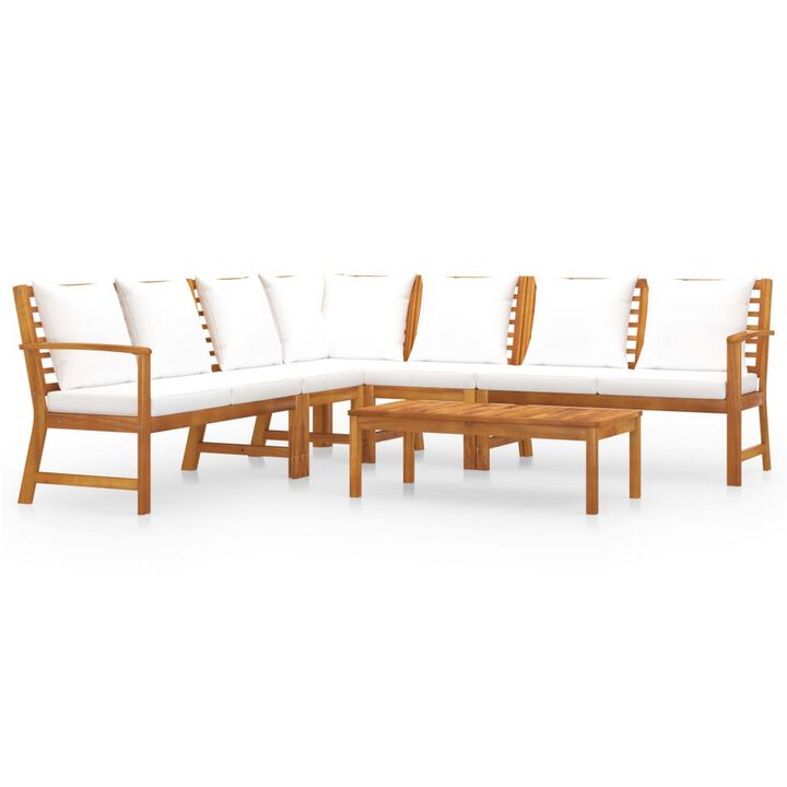Roma 6pc Outdoor Modular Sofa and Table Set, White Fabric, Brown Wood - Benzara