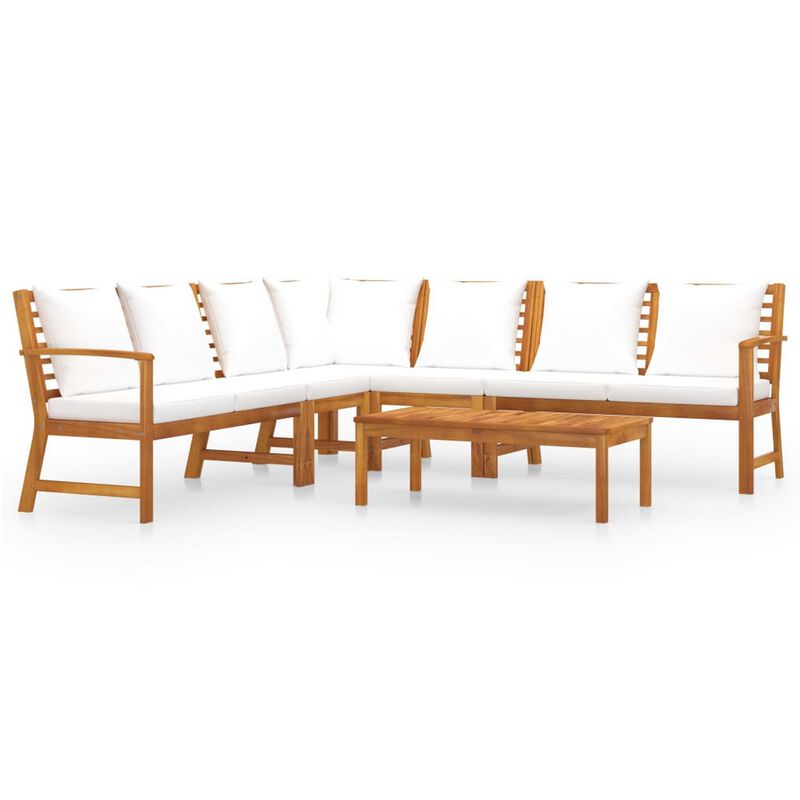 Roma 6pc Outdoor Modular Sofa and Table Set, White Fabric, Brown Wood - Benzara