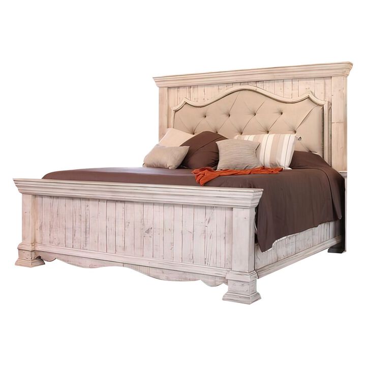 Belo Queen Bed, Pine Wood, Beige Upholstered Headboard, Distressed White - Benzara