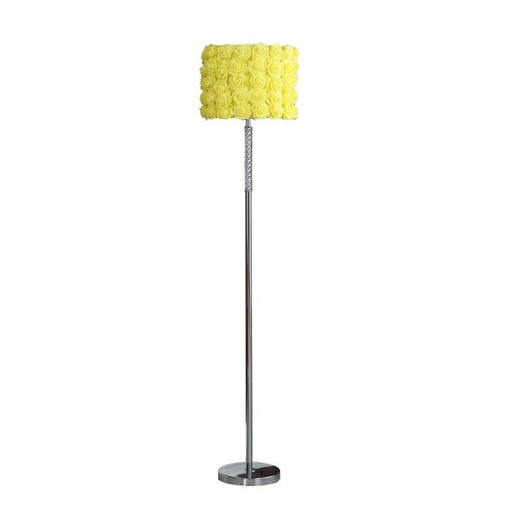 Finn 63 Inch Glamorous Floor Lamp, Rose Accent Shade, 100W, Yellow, Silver-Benzara